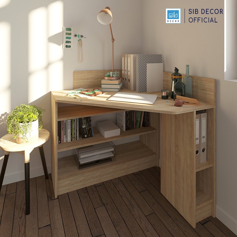 Bàn Làm Việc Góc Tường Màu Vân Gỗ Sồi Phối Trắng Đơn Giản Thương Hiệu SIB Decor BLV103