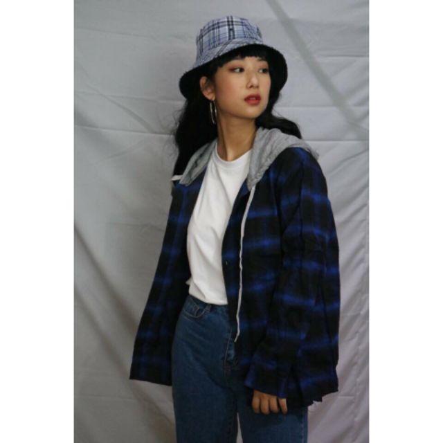 Áo khoác UNISEX kiểu dáng sơ mi sọc caro nhuyễn màu xanh