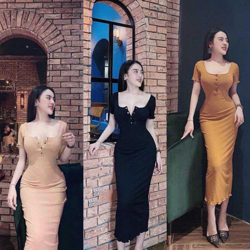 Đầm Dự Tiệc Ôm Body Cổ Vuông Nút Bấm Tay Ngắn Form Dài Sang Chảnh LH53