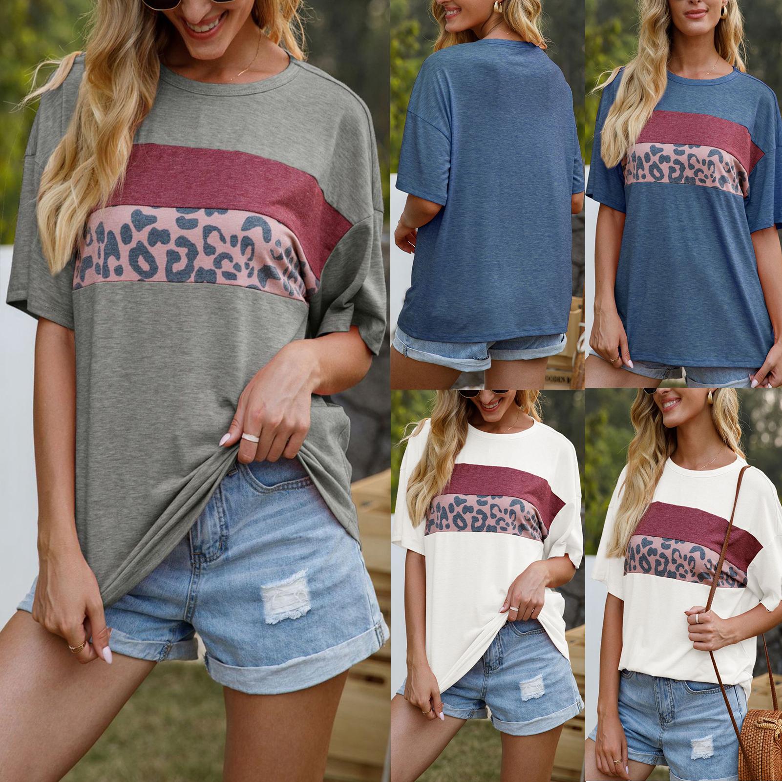 Women Leopard Splicing T-shirt Short Sleeve O-neck Loose Casual Summer Tops