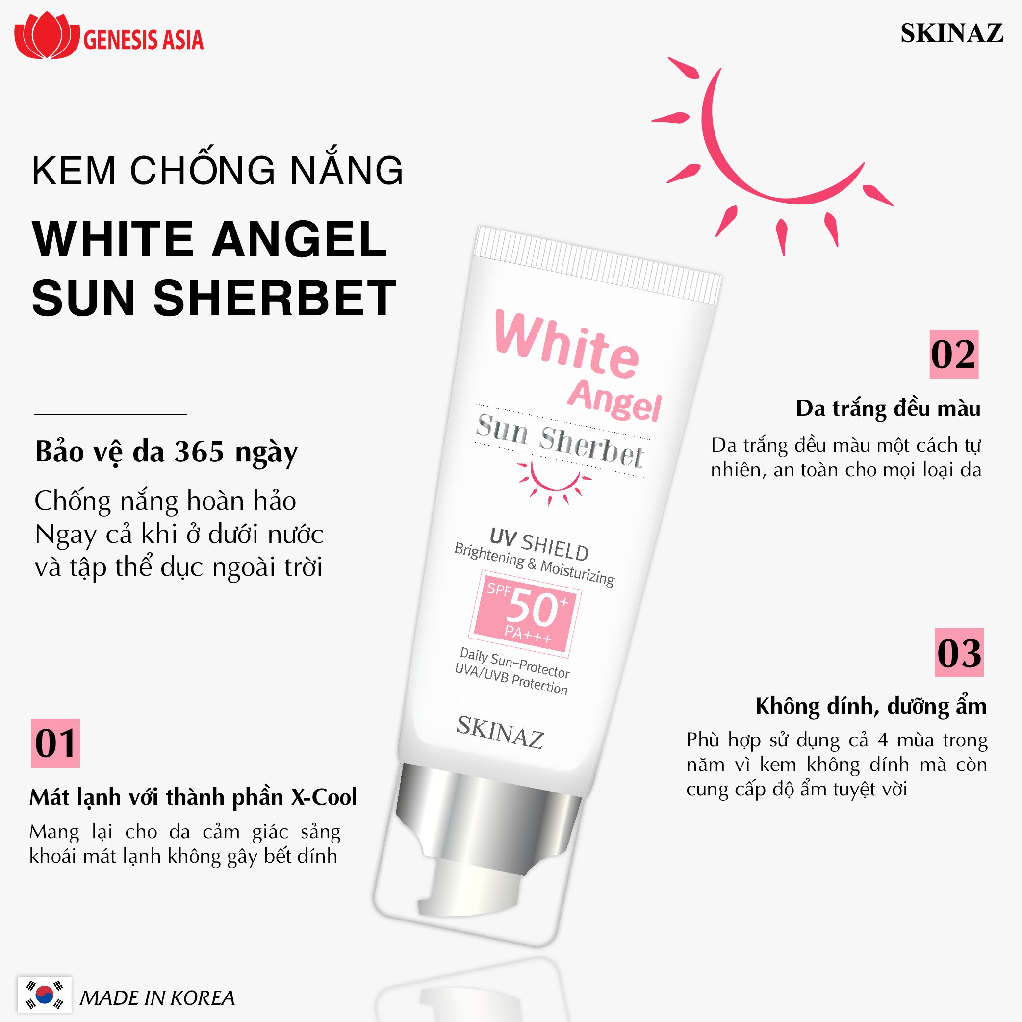 Kem Chống Nắng White Angel Sun Sherbet Skinaz - SPF 50 +, PA +++ Không gây bít tắc lỗ chân lông, tạo cảm giác thoải mái