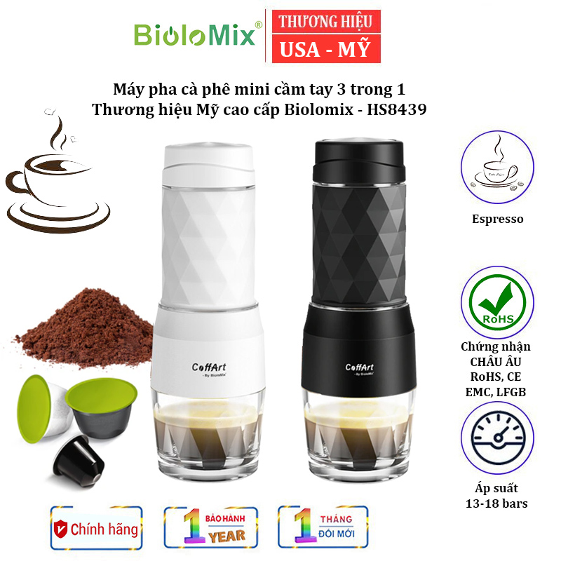 Máy pha cà phê mini cầm tay 3 trong 1 Biolomix HS8439 sử dụng Viên nén Nespresso, viên nang Dolce-Gust và bột cà phê - HÀNG NHẬP KHẨU