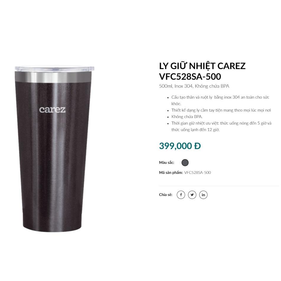 Ly giữ nhiệt Carez model VFC528SA-500ML - màu đen nhũ bạc , Inox 304, Không chứa BPA, Hàng Chính Hãng