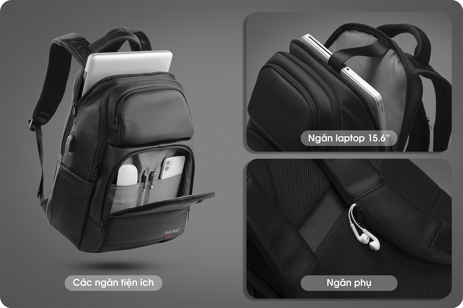 Balo laptop KINGBAG MARCUS 15”, nhiều ngăn sức chứa lớn, tích hợp USB, trượt nước, đai buộc vali, màu đen - Hàng chính hãng