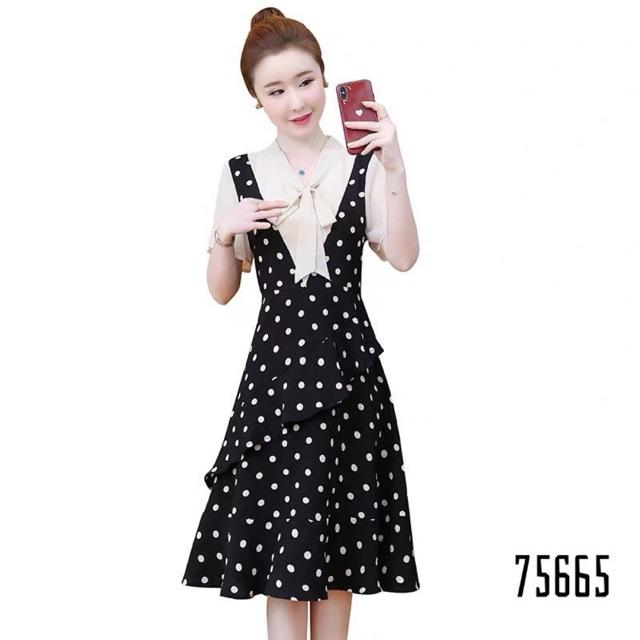 Đầm xoè lụa bi phối áo nơ siêu xinh ( Có size M/L/XL/2XL đến 70kg ) MMR