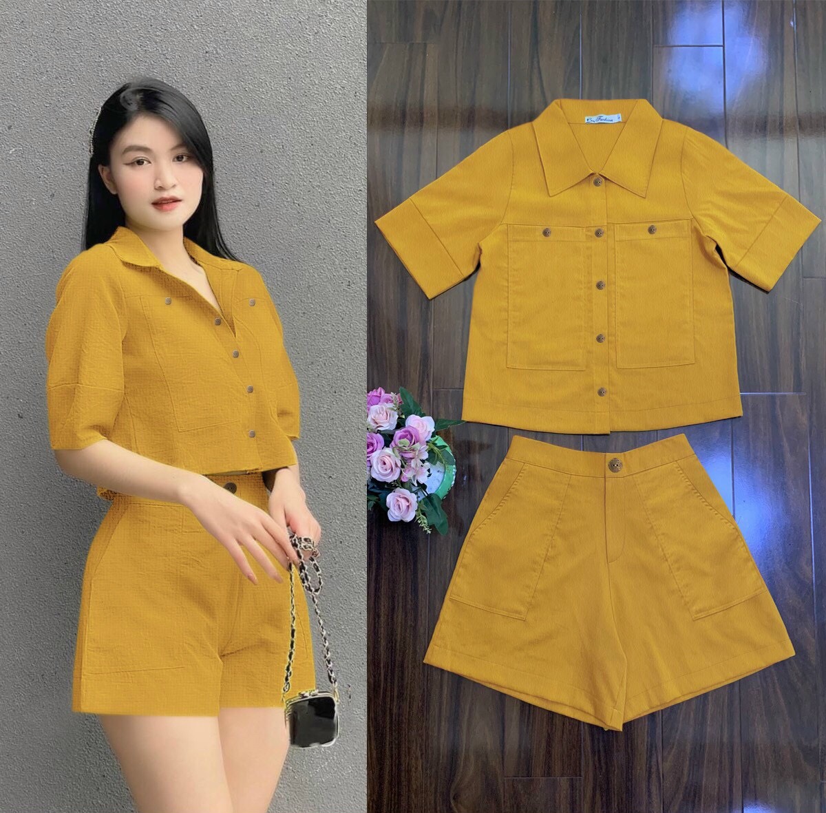 Set nguyên bộ áo sơ mi phối nút kèm quần đùi phong cách