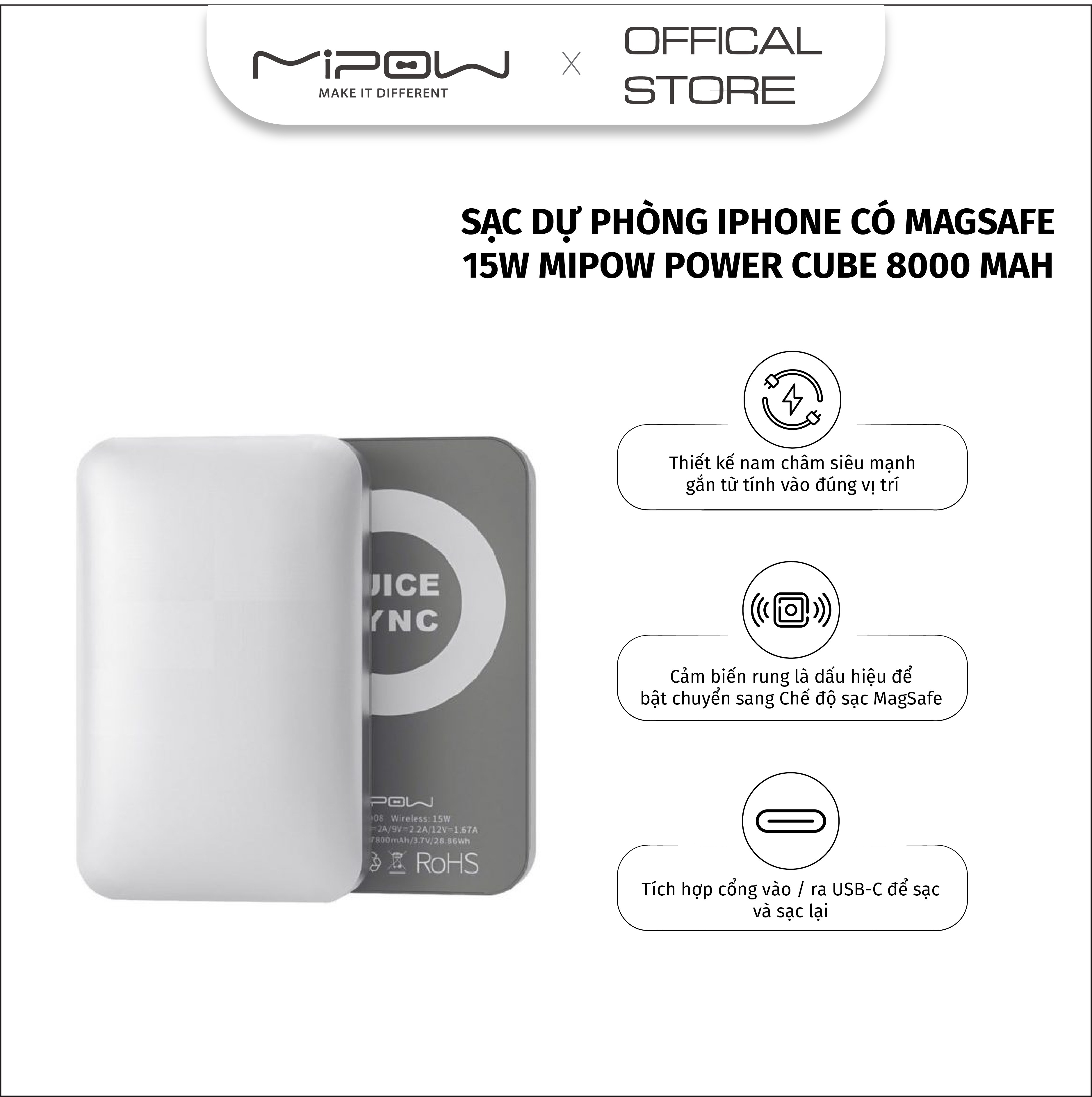 Sạc dự phòng không dây 15W MIPOW POWER CUBE 8000 mah - Hàng Chính Hãng