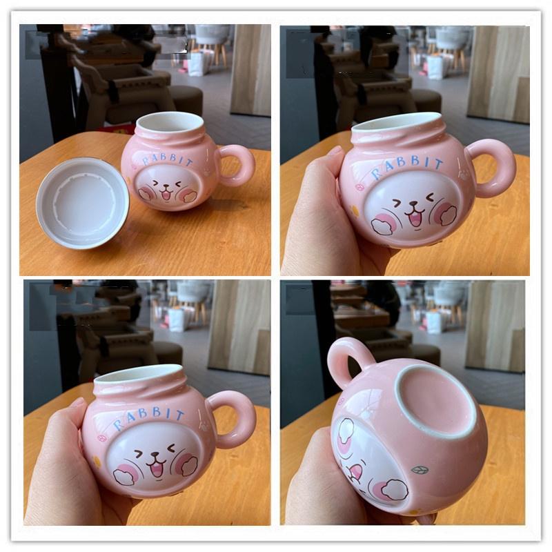 Cốc Sứ Thỏ Xinh Xắn Decor Văn Phòng, Cặp Đôi, Trẻ Em Có Nắp Và Thìa Cute