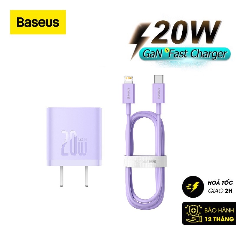 Cốc Sạc Nhanh Cho Iphone 20W Baseus Gan5 Fast Charger - Công Nghệ Power Delivery 3.0 Qc 3.0 - Tích Hợp Chip Thông Minh - Công Nghệ Kiểm Soát Nhiệt Độ Bct - Hàng Chính Hãng - Combo Gan5 20W Tím