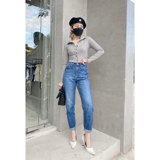 Quần Jean Nữ Momjeans lưng cao chất cotton phom bụi xinh lắm