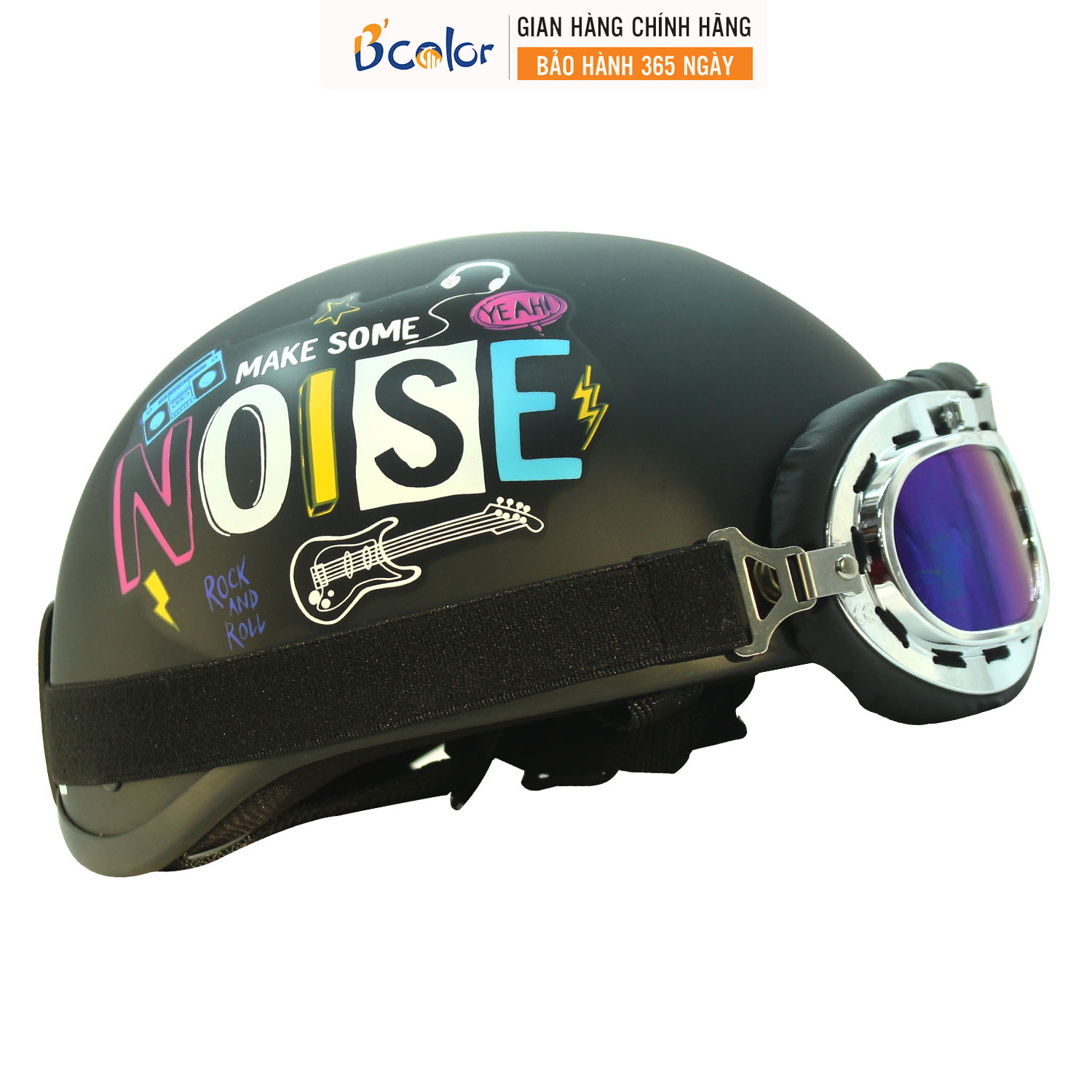 Mũ Bảo Hiểm B'color Nửa Đầu Màu Đen Có Chữ Noise Loại Nửa Đầu Kèm Kính Thời Trang