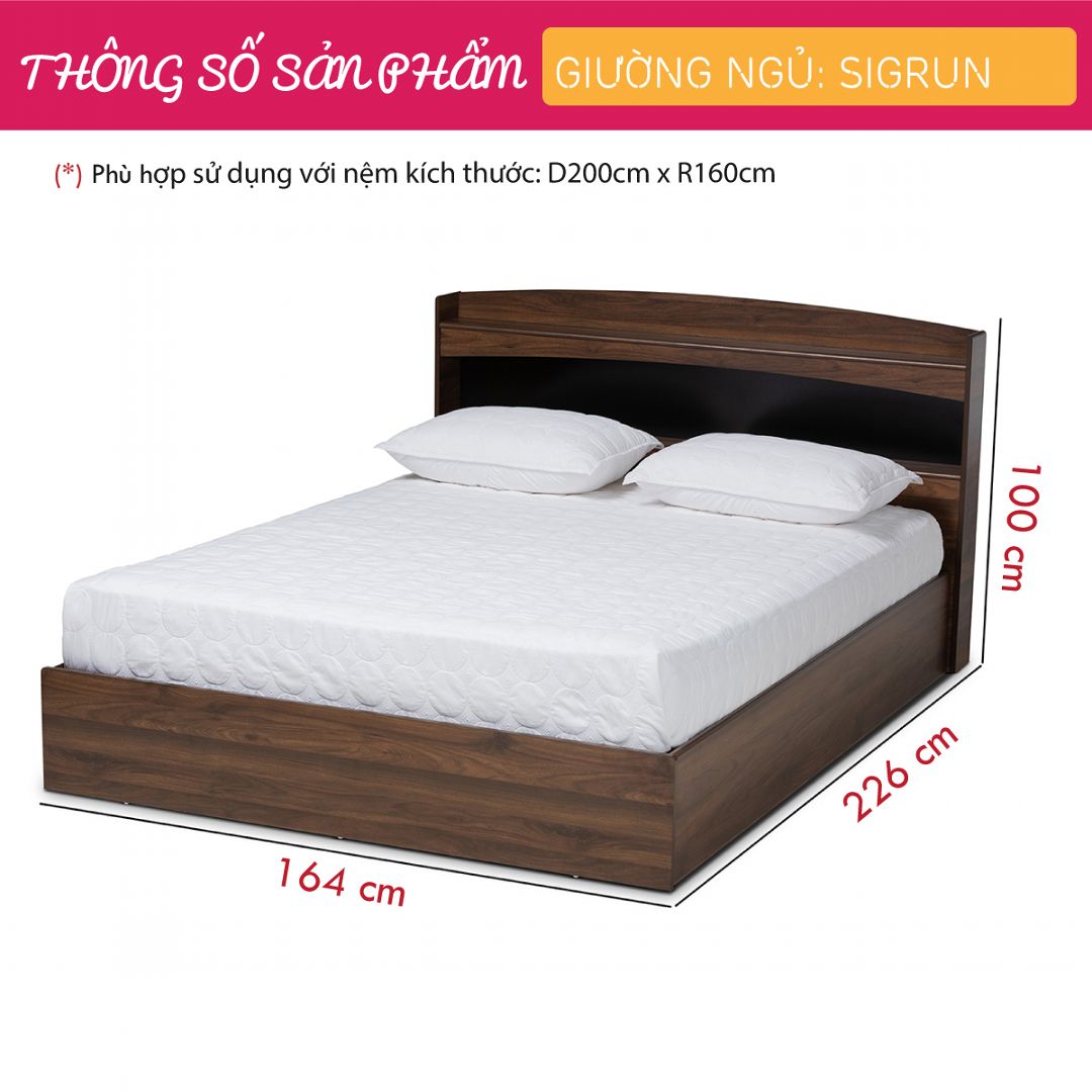 Giường ngủ gỗ hiện đại SMLIFE Sigrun | Gỗ MDF dày 17mm chống ẩm | D226xR164xC100cm