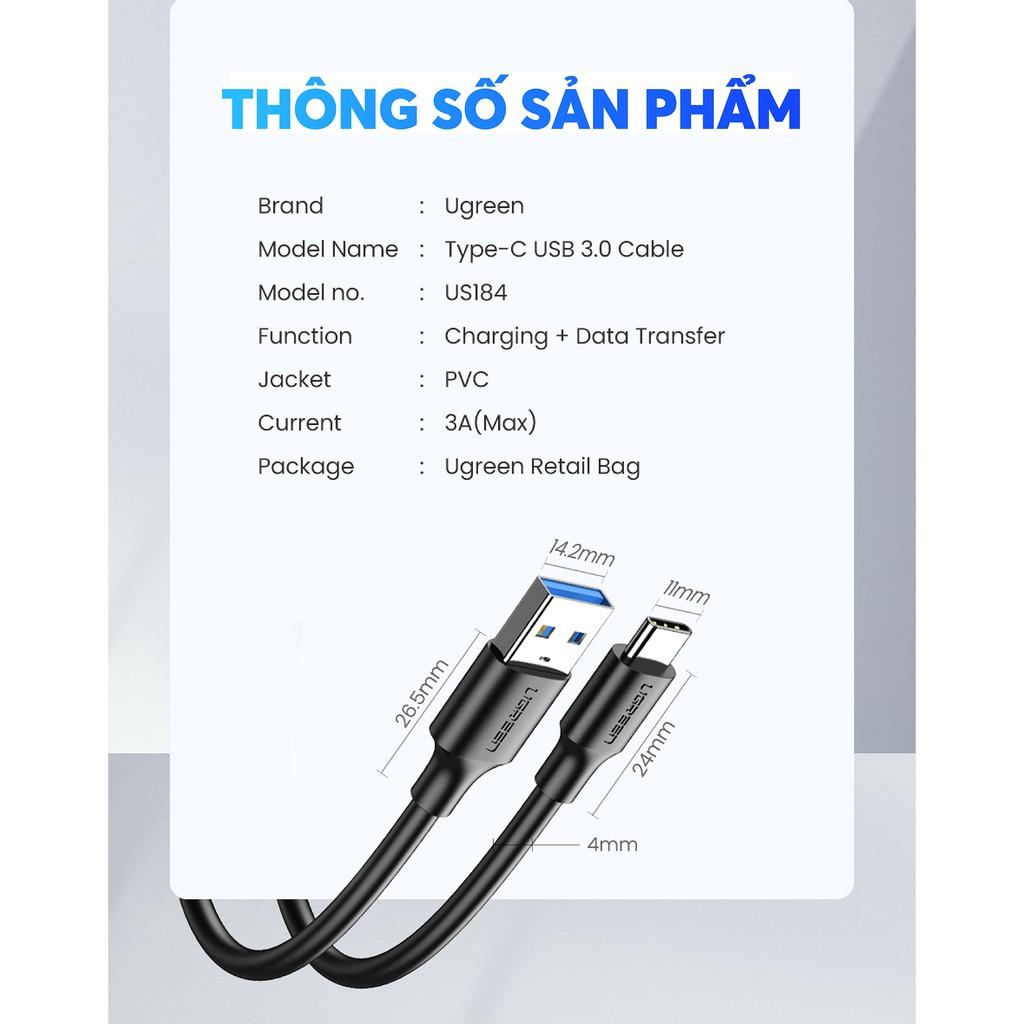 Dây cáp sạc và truyền dữ liệu tốc độ nhanh USB 3.0 sang USB type C, dòng 3A, dài 0.5-2m UGREEN U0S184  - Hàng chính hãng