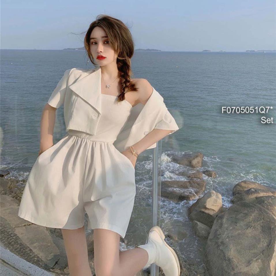 Bộ Jumpsuit Nữ Quần Cộc Áo Vest Đũi Set Trang Phục Nữ Quần Ngắn Áo Quây Kèm Áo Khoác Ngoài 2 Màu