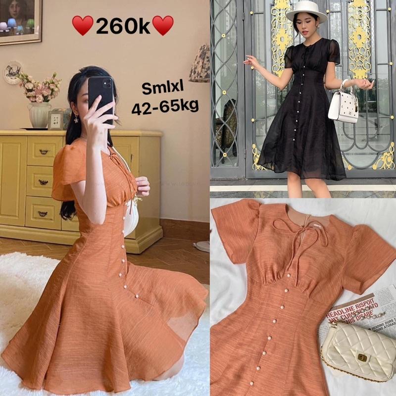 ️Váy thiết kế️Đầm xoè tơ xước tay cánh tiên phối cúc 2 màu