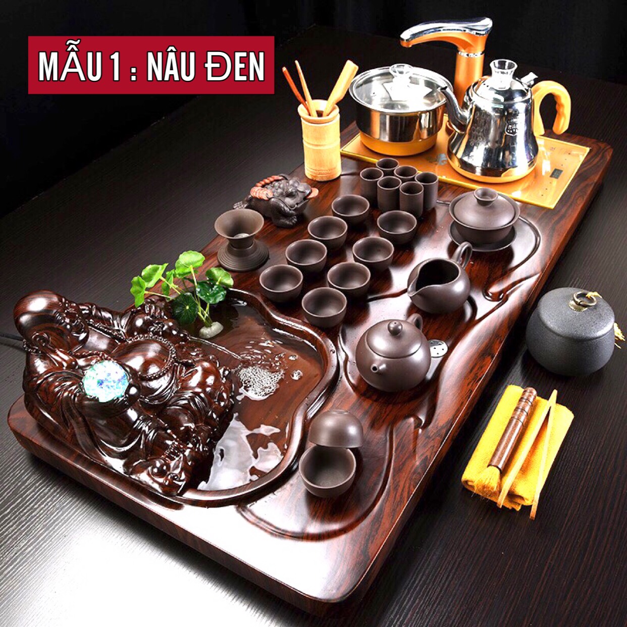 Bàn trà điện gỗ thông minh phật di lặc phong thuỷ 0114 ôm hồ lô phun nước ,Bếp đun nước inox cảm ứng đa năng tự động ,kèm ấm chén trà đạo tuỳ chọn một bộ theo hình