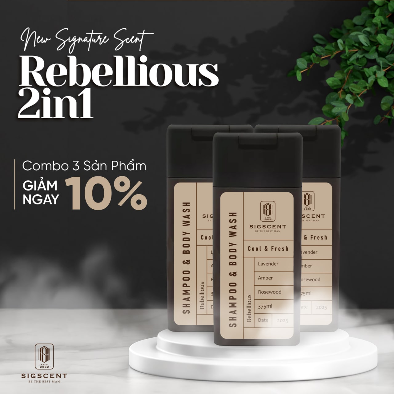 Sữa tắm dầu gội cho nam hương nước hoa 375ml Rebellious thương hiệu SIGSCENT- COMBO 3