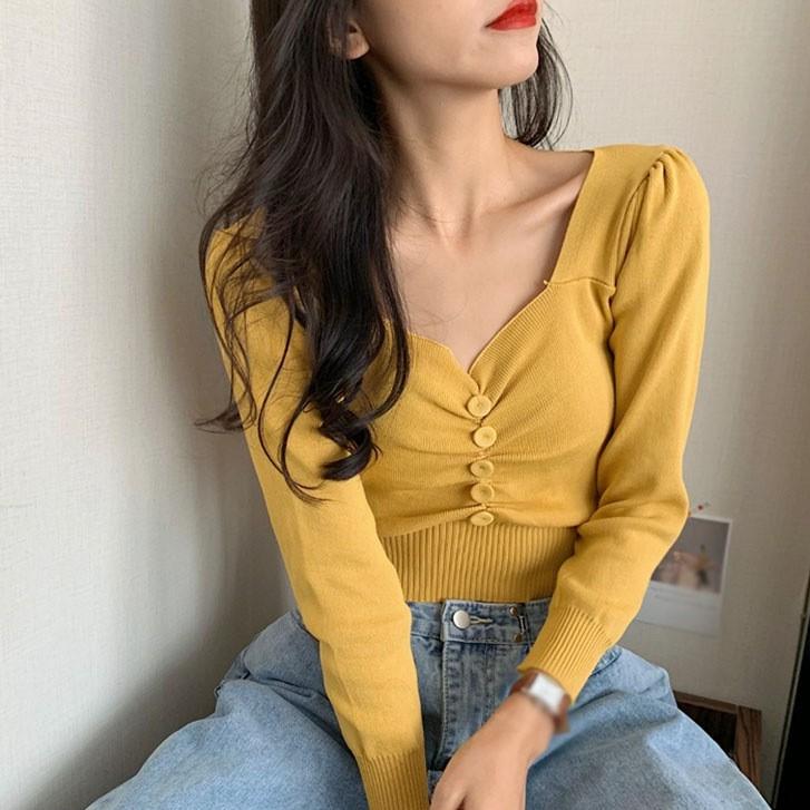 Áo Thun Dệt Kim Tay Dài Thiết Kế Cổ Chữ V Màu Trơn Thanh Lịch