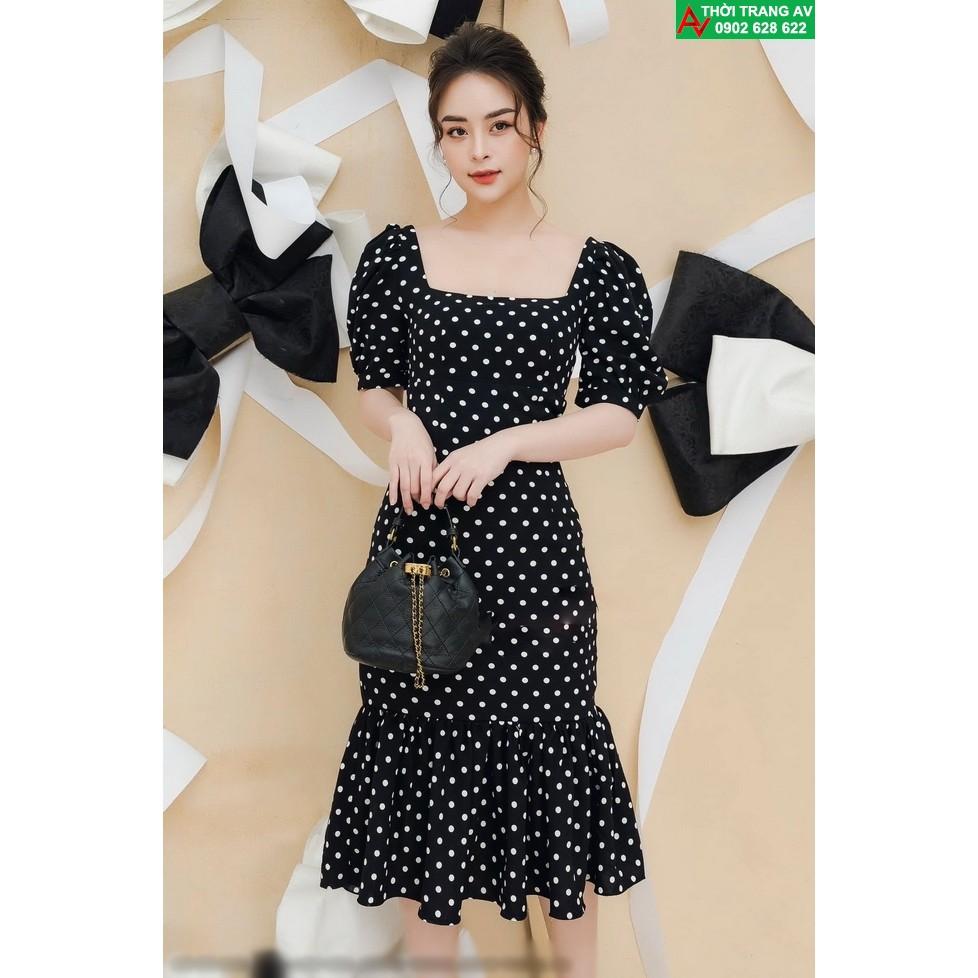 Đầm ôm body chấm bi cổ vuông tay ngắn đuôi cá xinh xắn - AV6266