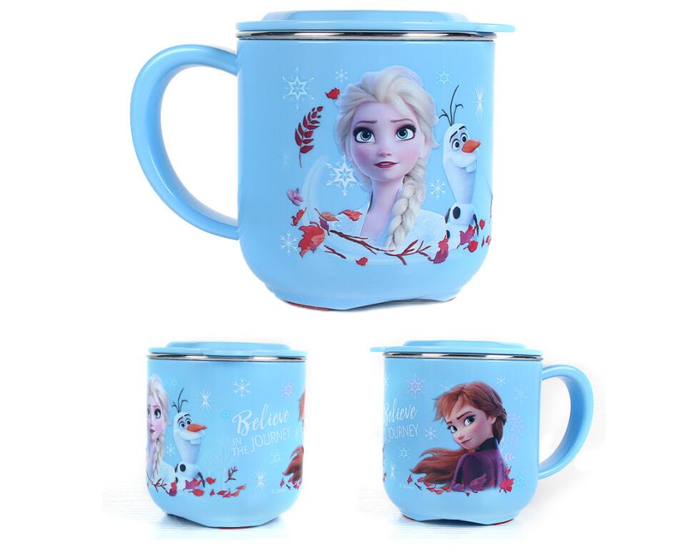 Ly cốc giữ nhiệt Disney in hình Elsa Anna Frozen P.2 màu xanh có nắp và quai cầm cho bé - 260ml