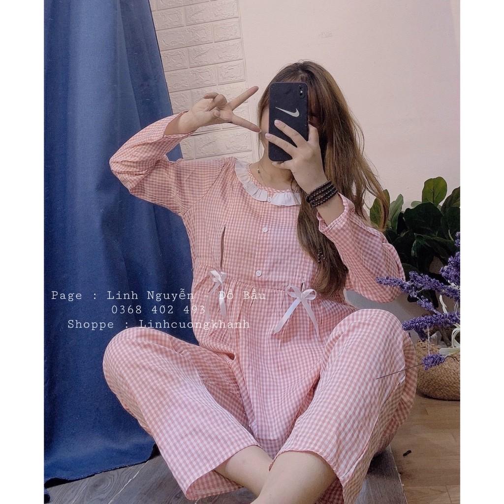 Bộ Bầu Sau Sinh Dài Tay Họa Tiết Kẻ Dễ Thương Kết Hợp Cho Con Bú Mặc Ở Nhà HT4628 Honey Mommy