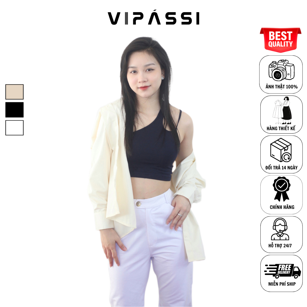 VIPÁSSI - Quần Tây Dài Dáng Suông Loe Nhẹ Khóa Kéo Lưng Cao Họa Tiết Quai Dê Cách Điệu Dài