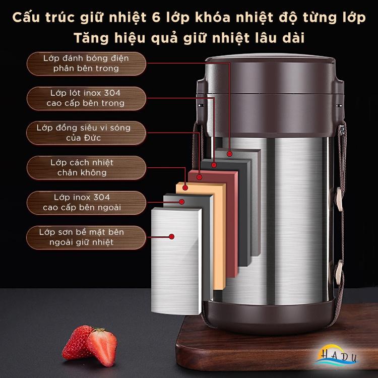 Cặp Lồng Giữ Nhiệt Đựng Cơm 3 Tầng Inox 304 Cao Cấp 6 Lớp Đạt Chất Lượng Đức HADU