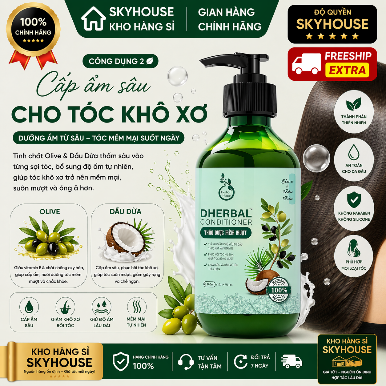 Dầu xả thảo dược thiên nhiên tinh chất olive dầu dừa độc quyền DHERBAL chai 300ml  dầu xả tóc chắc khỏe suôn mượt chính hãng