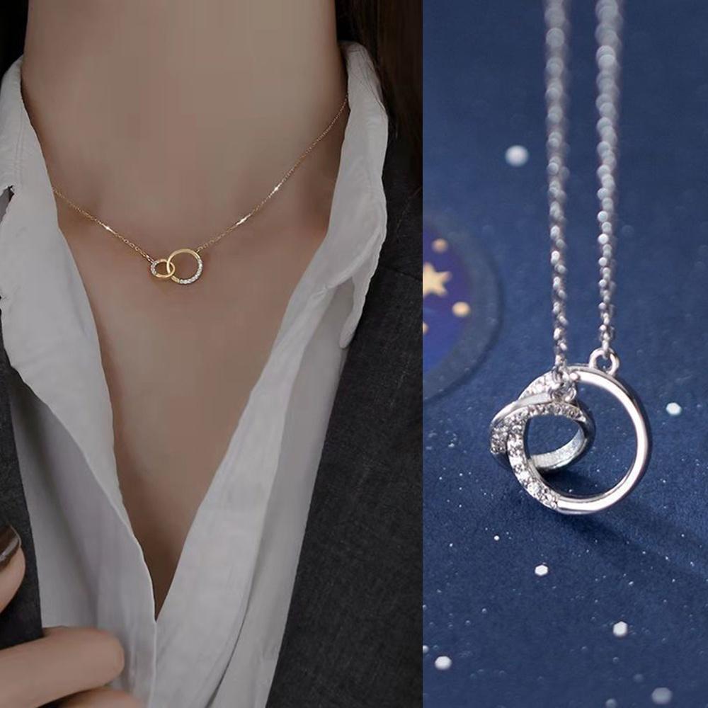 Vòng Cổ Choker Mặt Tròn Kép Đính Đá Đơn Giản Phong Cách Hàn Quốc