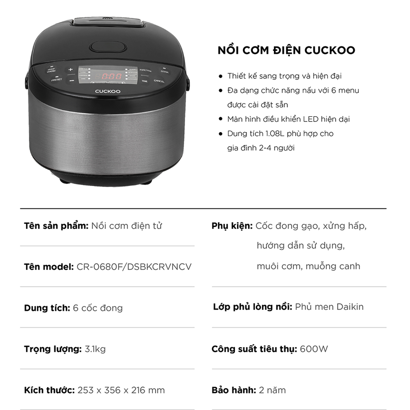 Nồi cơm điện tử Cuckoo 1.08L lít CR-0680F - Hàng chính hãng