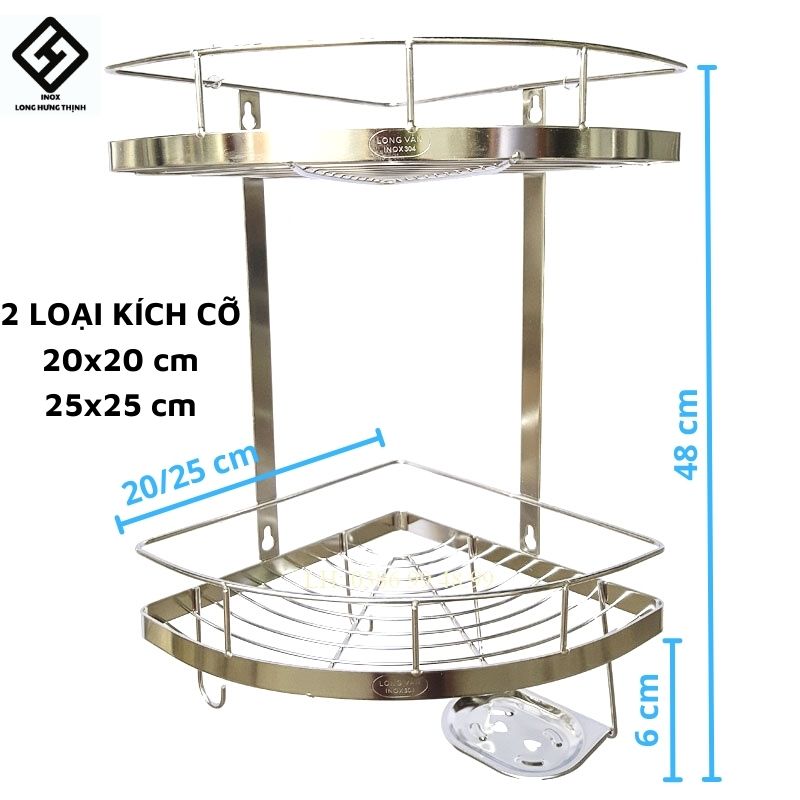 Kệ góc INOX304 có khay xà bông kệ phòng tắm tiện dụng, chất liệu 100% INOX 304 sáng bóng, kệ góc 2 tầng.