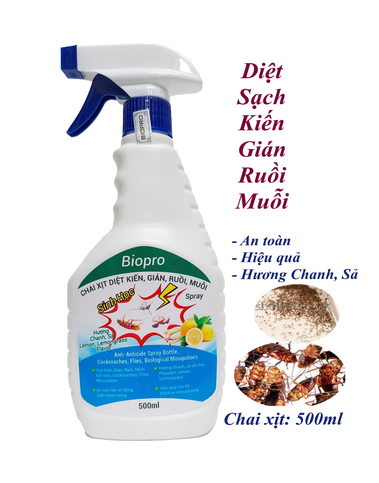 Chai xịt diệt kiến diệt gián ruồi muỗi Sinh học Biopro Chai 500ml Diệt sạch côn trùng gây hại An toàn Hiệu quả Sx tại VN