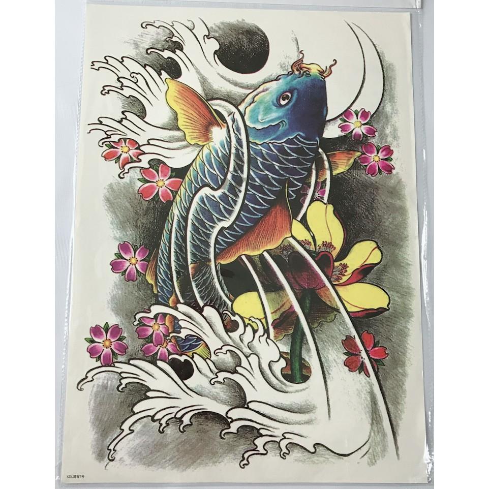 Hình xăm dán kín lưng cá chép màu xanh 34x48cm