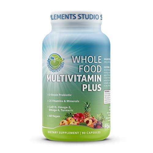 Whole Food Multivitamin Plus - Vegan - Daily Multivitamin for Men and Women with Organic Fruits and Vegetables, B-Complex, Probiotics, Enzymes, CoQ10, Omegas, Turmeric, All Natural, 90 Capsules