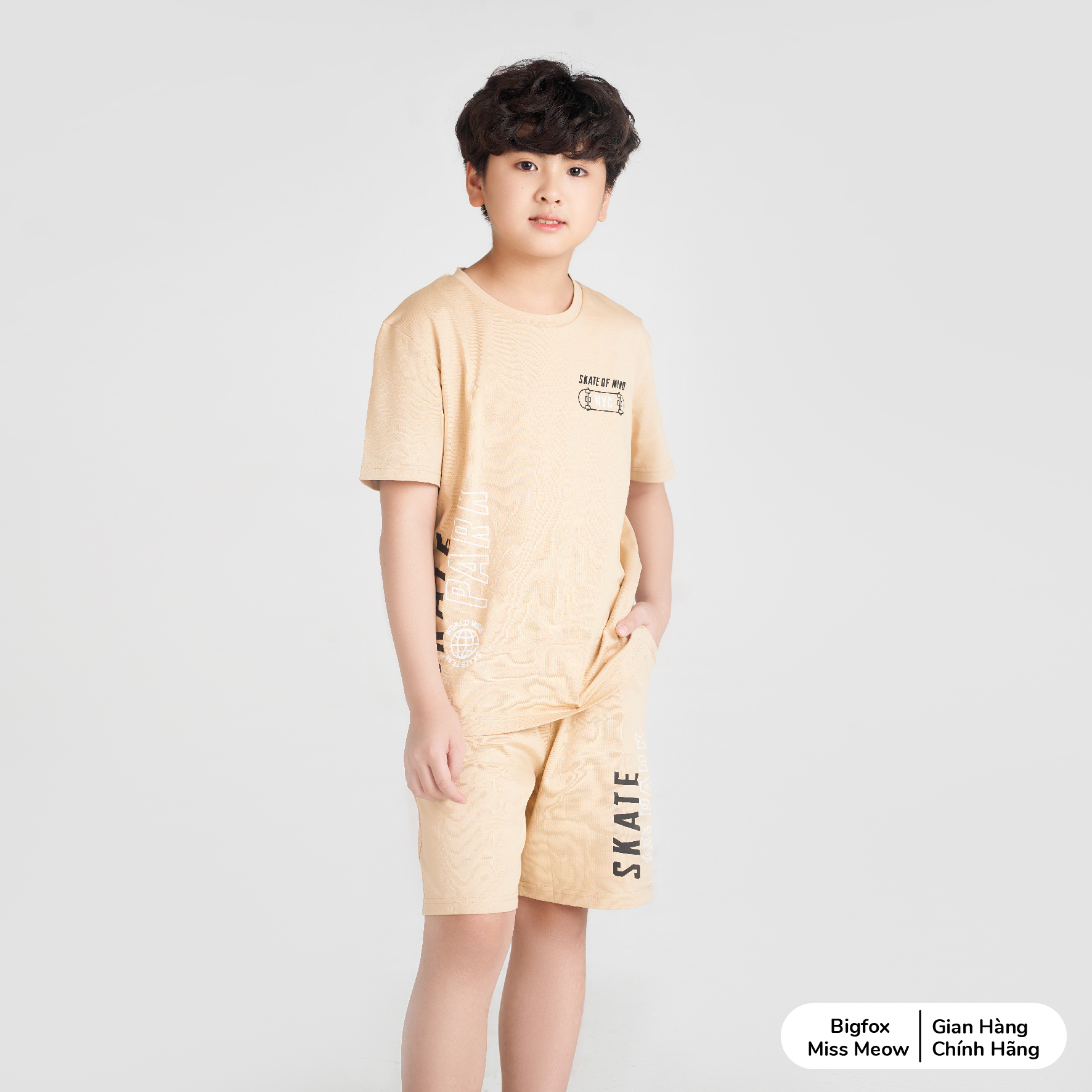 Bộ thun cho bé trai Bigfox Miss Meow size đại mặc hè dáng cộc tay xuất Hàn chất cotton in Skate cỡ 12,13,14,15 40kg 50kg 1934