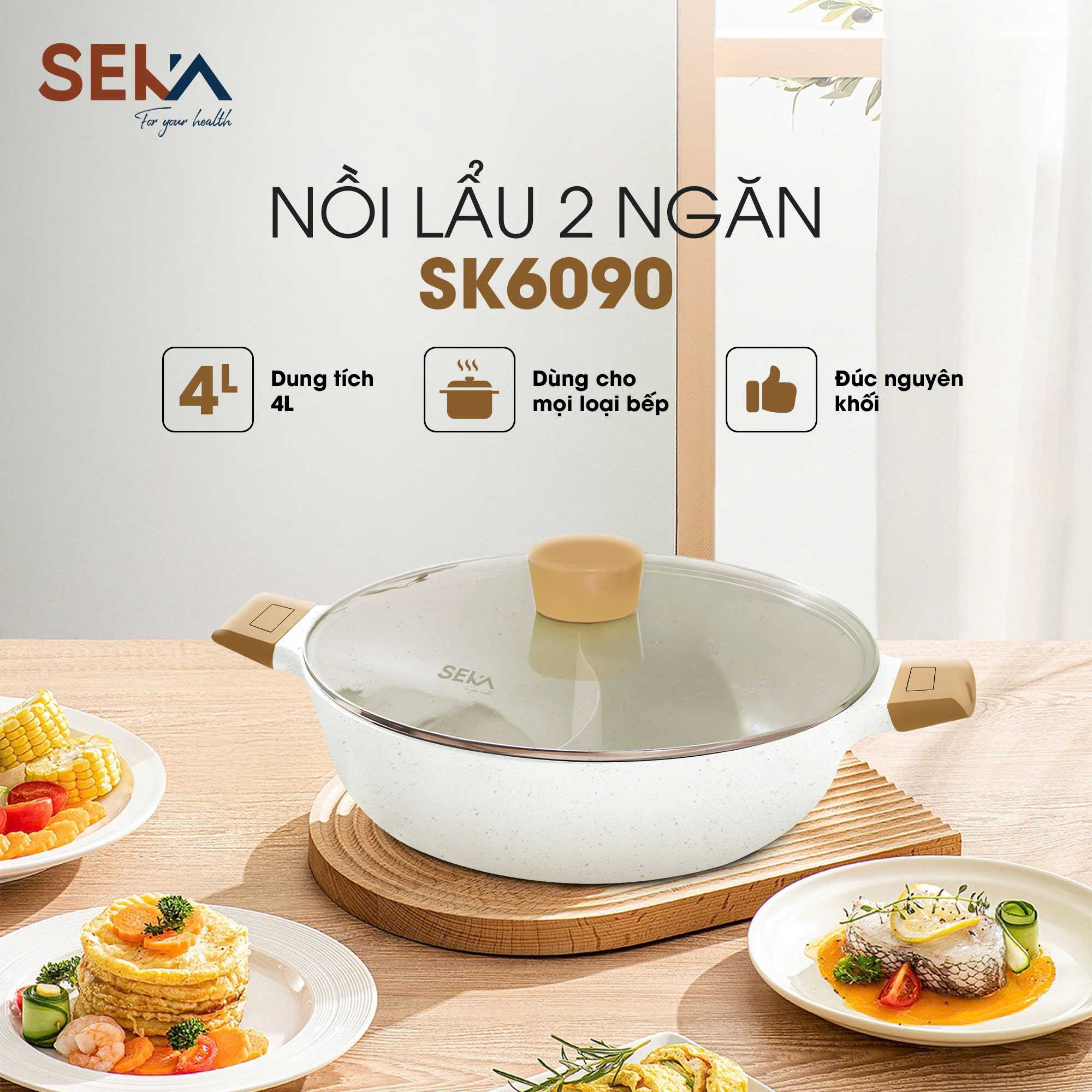 Nồi lẩu 2 ngăn nhôm đúc nguyên khối Seka 28cm- dùng được trên mọi loại bếp