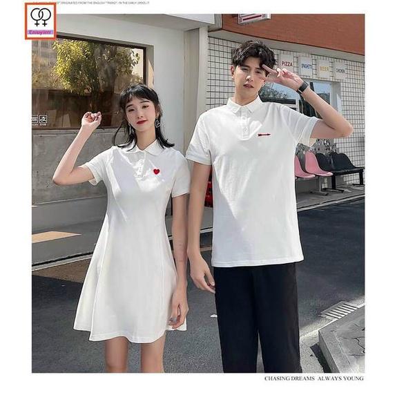 Đầm nữ + áo sơ mi nam trái tim, Váy thun đôi nam nữ polo đủ size cao cấp