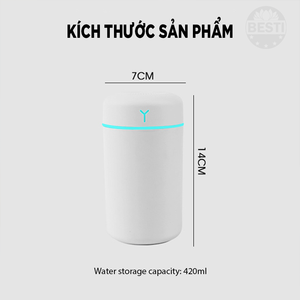 Máy Phun Sương Besti BTY01 Cao Cấp - Tạo Ẩm Không Khí Và Giữ Ẩm Da 420ml - Thiết Kế Nhỏ Gọn, Không Gây Tiếng Ồn - Máy Tạo Ẩm Không Gian Thư Giãn Tích Hợp Đèn Ngủ RGB Nhiều Màu Để Bàn Tiện Lợi, Có Chế Độ Tự Ngắt Khi Hết Nước - Hàng Chính Hãng