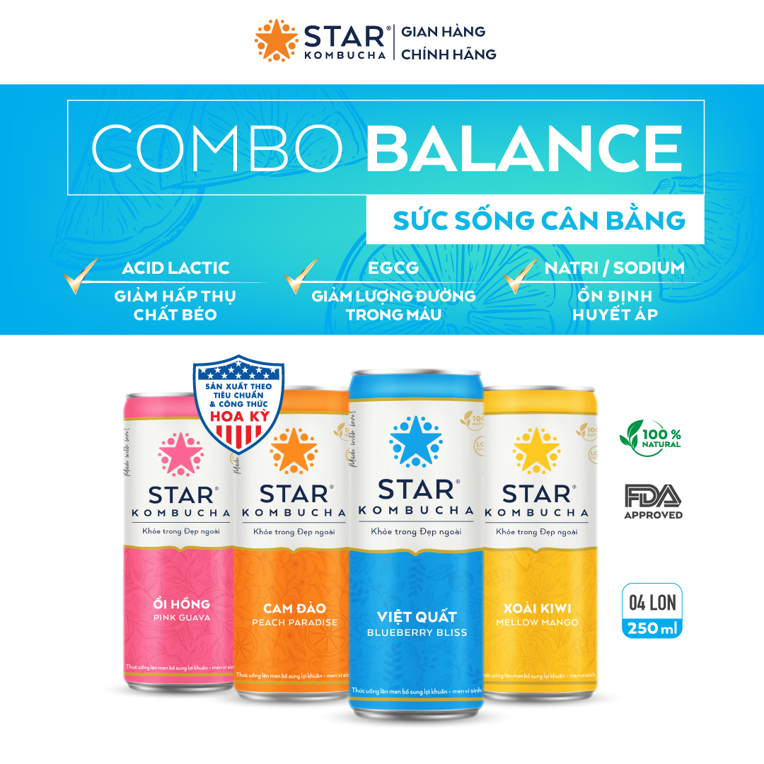 Combo 4 lon mix vị Thức uống lên men STAR KOMBUCHA - Balance Pack (250ml/lon)