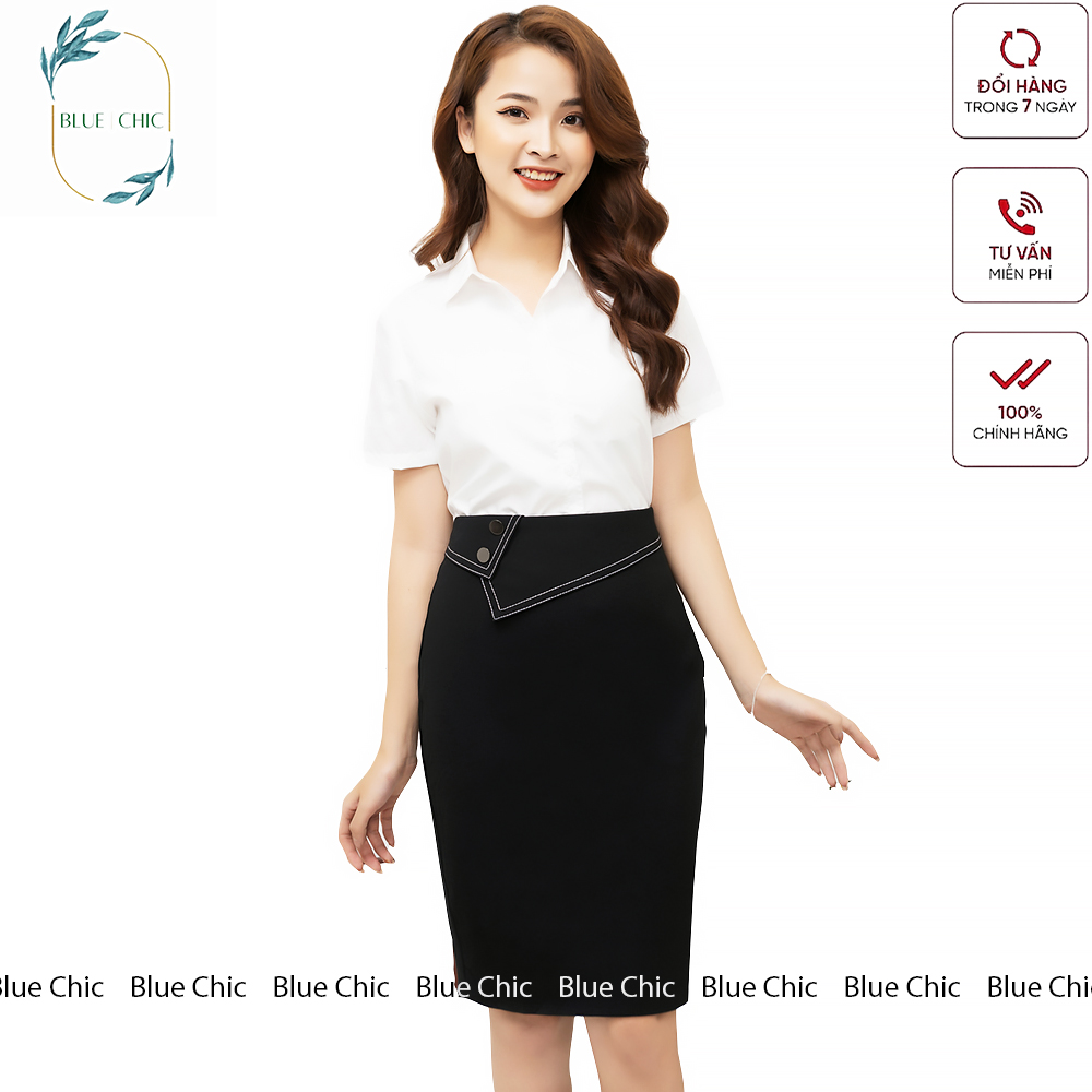 Chân váy bút chì Blue Chic phối 2 khuy mạ crom sang trọng, quý phái, có lớp lót chất vải cao cấp