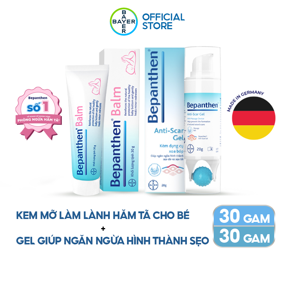 Combo Gel Giúp Ngăn Ngừa Hình Thành Sẹo Đỏ Và Sẹo Lồi Kèm Dụng Cụ Xoa Bóp Bepanthen Anti-Scar Gel 20G + Kem Chống Hăm Bepanthen Balm Dạng Kem Mỡ 30G