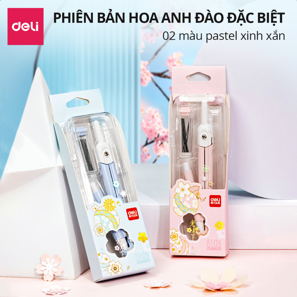 Bộ Compa Bấm Chì 2B Học Sinh Màu Pastel Xinh Xắn Deli - Kèm Lõi Chì Vẽ Tranh Hình Học Kỹ Thuật Mỹ Thuật Dụng Cụ Học Tập