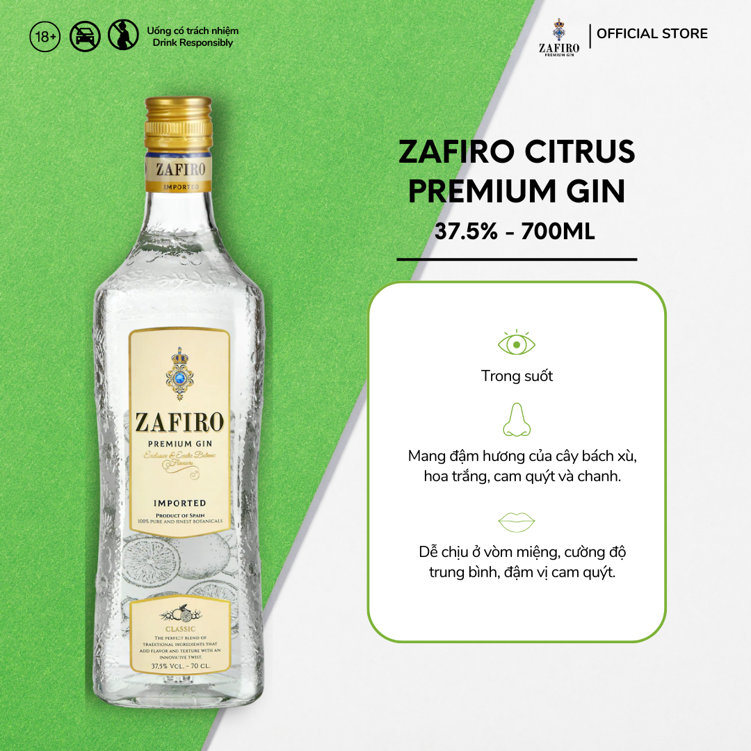 [Made in Spain] Rượu Gin Tây Ban Nha Zafiro Premium Classic 37.5% 700ml