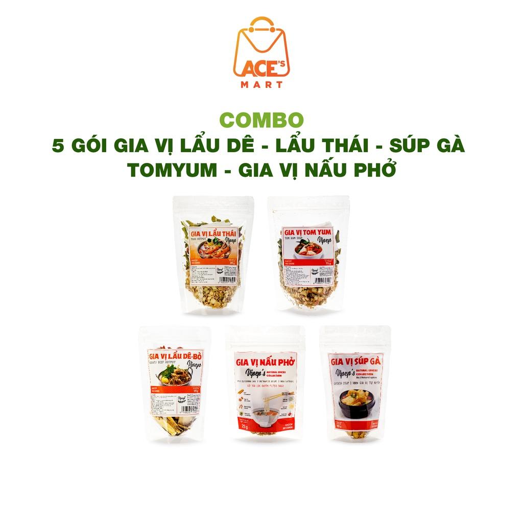 Combo 5 gói gia vị nấu phở - lẩu thái - lẩu Tomyum chuẩn Hadilao - lẩu bò/dê - súp gà - gà tiềm thuốc Bắc (Vipep)