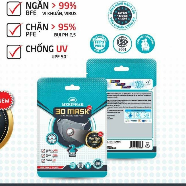 Khẩu trang MEBIPHAR 3D MASK PRO (Túi 1 cái)- Thiết kế 3D thông minh có van thở thông