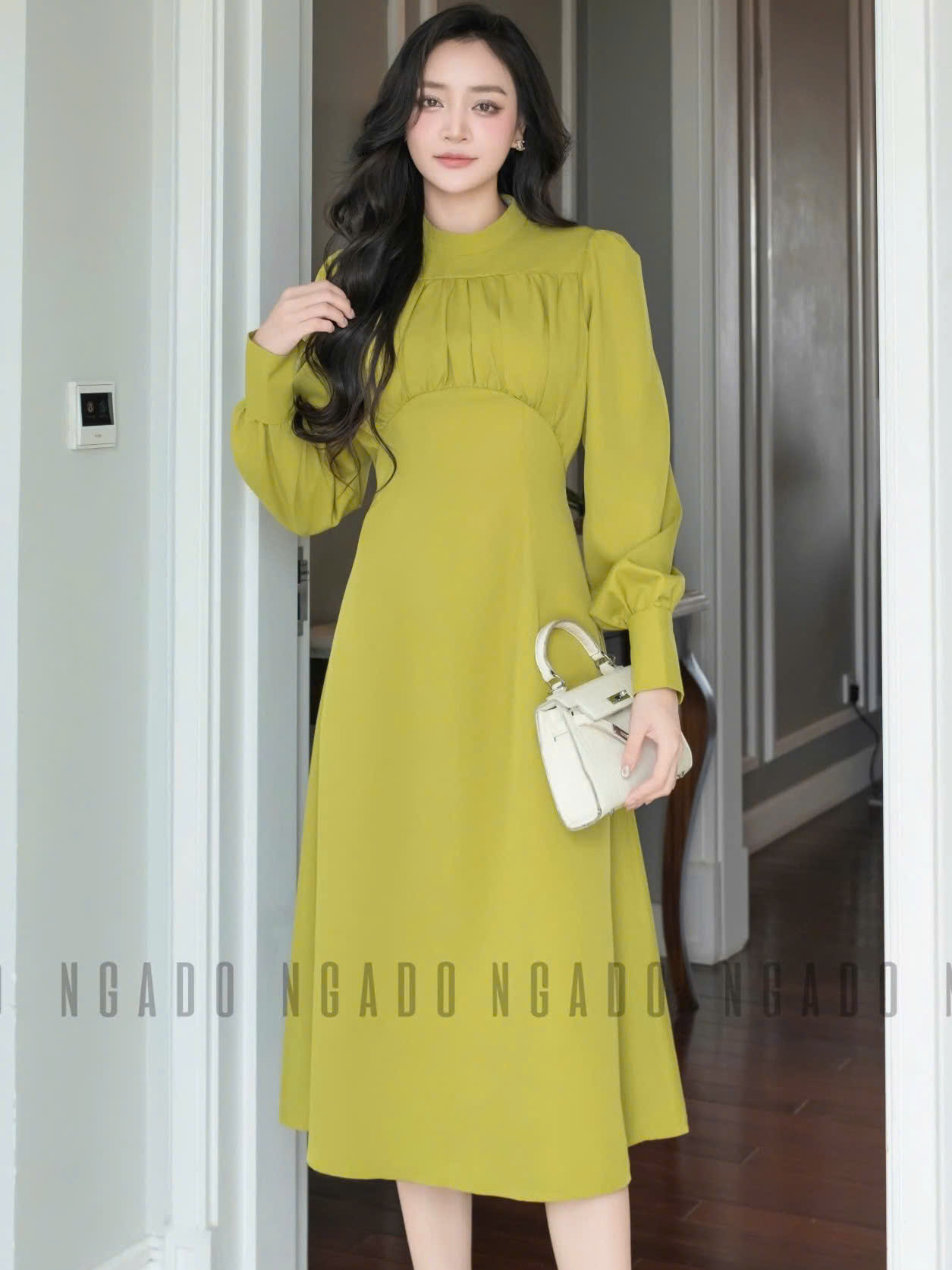 Đầm xanh bơ tay dài NGADO , đầm công sở , đầm dự tiệc