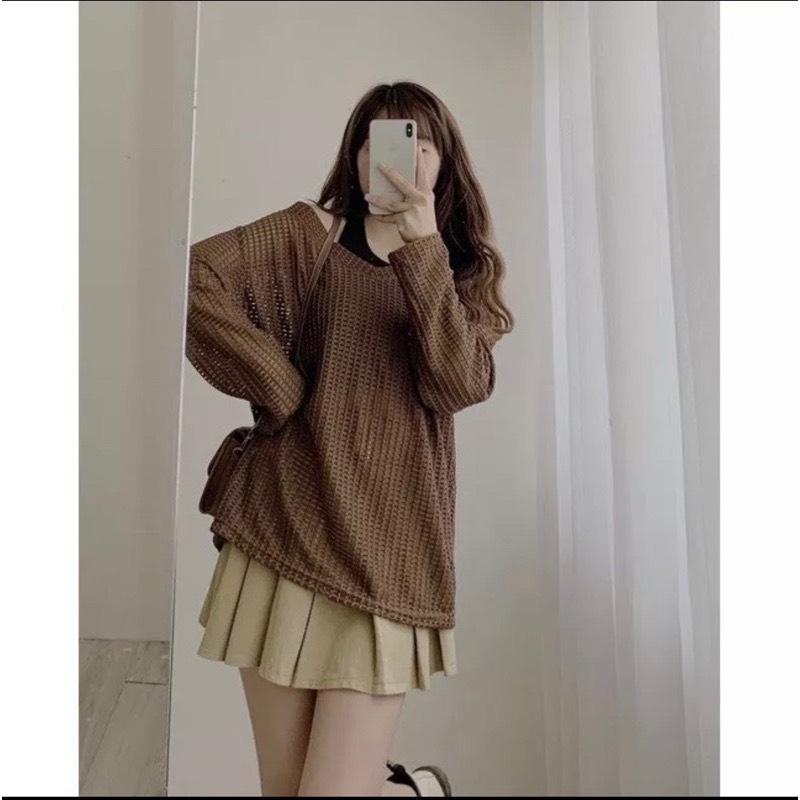 [L2M] SET (2 MÓN) áo len Montoghi kiểu YẾM MIX áo LƯỚI DÀI CỔ V thời trang sành điệu