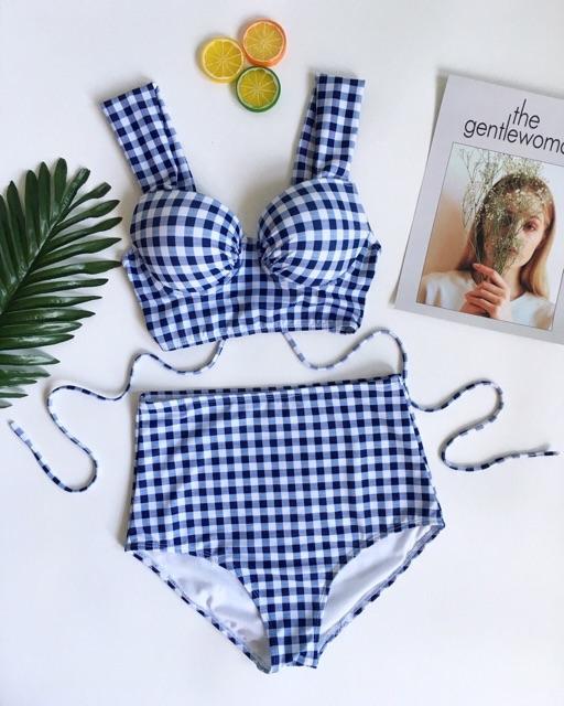 Bikini đồ bơi caro xanh áo đan dây sau lưng