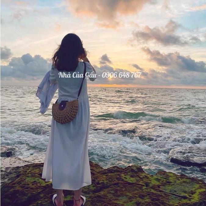 Túi cói khóa da vintage đi chơi, đi biển cực xinh