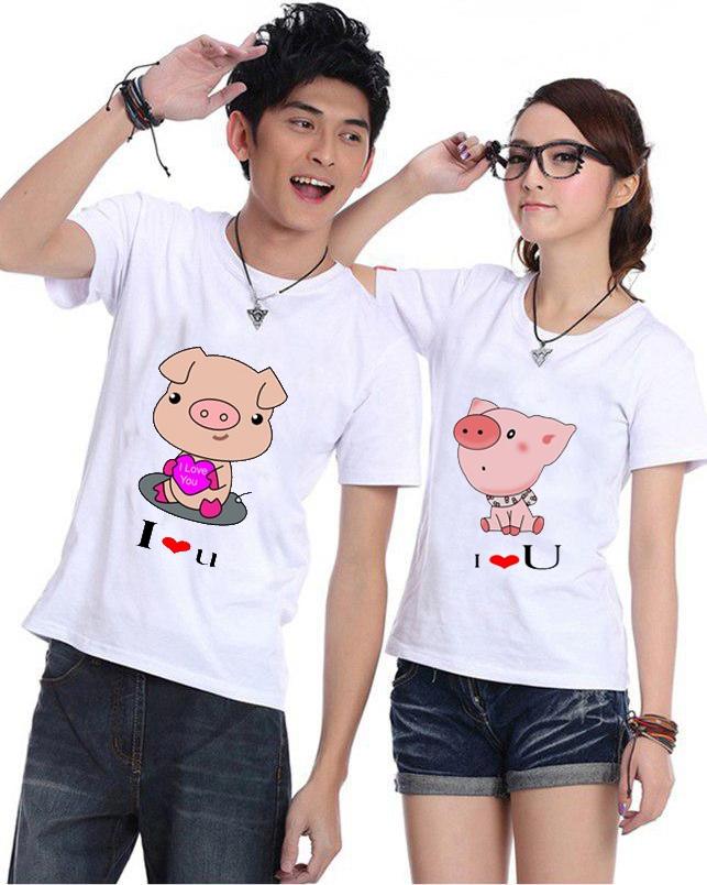 Bộ Áo Thun Đôi Pig Cute I Love You Màu Trắng Nam Nữ